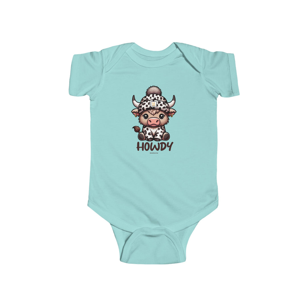 A baby bodysuit featuring a cow wearing a hat, embodying a playful and unique design. Made of 100% cotton, with ribbed knitting for durability and plastic snaps for easy changing. From Worlds Worst Tees.