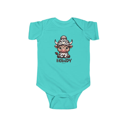 Infant fine jersey bodysuit featuring a cow cartoon in a hat, titled Howdy Onesie. Made of 100% cotton, light fabric with ribbed bindings and plastic snaps for easy changing. From Worlds Worst Tees.