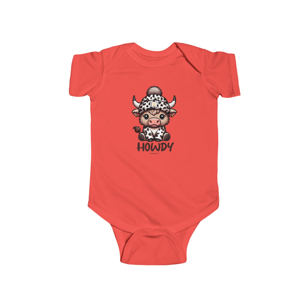 Infant Howdy Onesie romper with cow cartoon design, 100% cotton fabric, ribbed knit bindings for durability, and plastic snaps for easy changing access. From Worlds Worst Tees.
