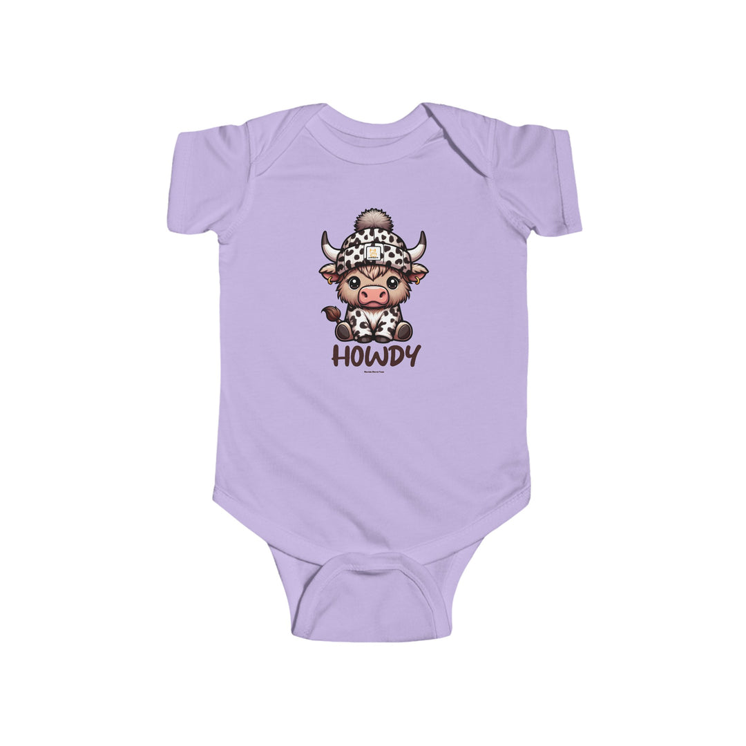A baby bodysuit featuring a cow wearing a hat, ideal for infants. Made of 100% cotton, with ribbed knitting for durability and plastic snaps for easy changing. From Worlds Worst Tees, known for unique graphic tees.