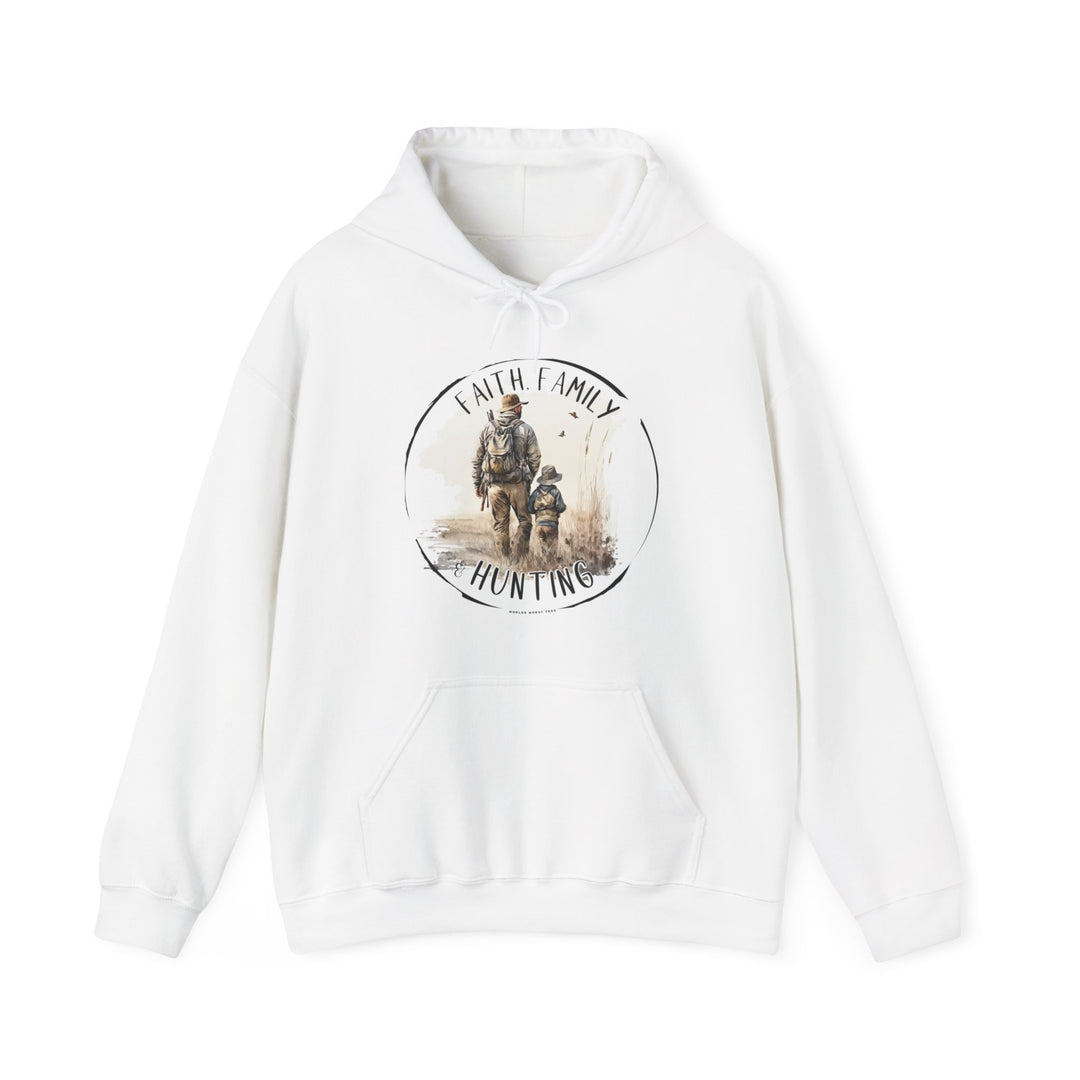 A white sweatshirt featuring a man and child walking in a field, part of the Faith Family Hunting Hoodie collection at Worlds Worst Tees. Unisex heavy blend, cotton-polyester fabric, kangaroo pocket, and drawstring hood.