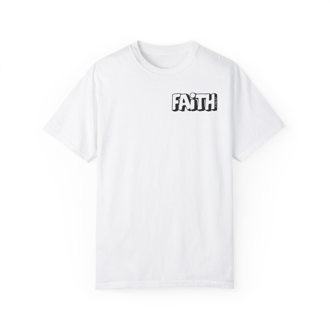 A white t-shirt featuring Walk By Faith Not By Sight text, made of 100% ring-spun cotton. Garment-dyed for extra coziness, with a relaxed fit and double-needle stitching for durability.