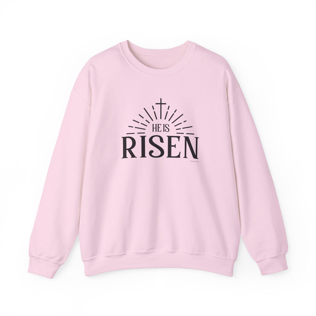 Unisex heavy blend crewneck sweatshirt, He is Risen Crew, made of 50% cotton and 50% polyester. Ribbed knit collar, double-needle stitching, tear-away label for comfort. Ethically grown US cotton.