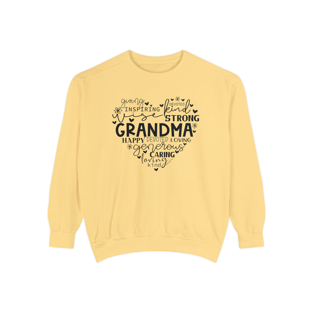 Unisex Grandma Crew sweatshirt in yellow with black text. Made of 80% ring-spun cotton and 20% polyester, featuring a relaxed fit and rolled-forward shoulder. Luxurious comfort in medium-heavy fabric.