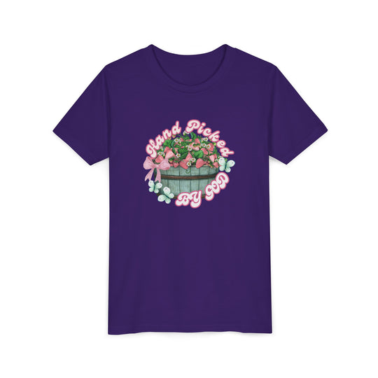 Hand Picked by GOD Youth Tee, showcasing a lightweight, side-seamed design with a crew neckline, perfect for displaying custom artwork and ensuring all-day comfort.