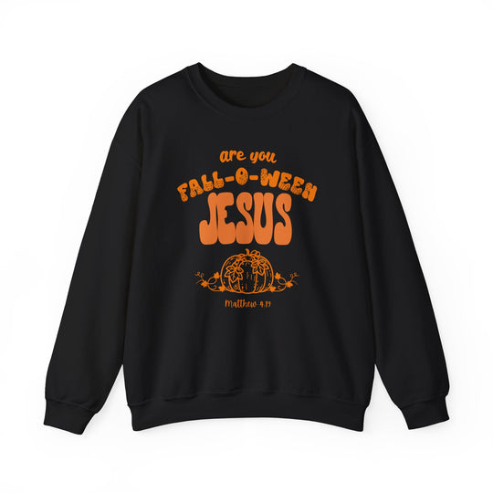 Black crew-neck sweatshirt with bright orange text are you FALL-O-WEEN JESUS, decorative pumpkin illustration, and Matthew 4:19 reference, offering a humorous, faith-themed design.
