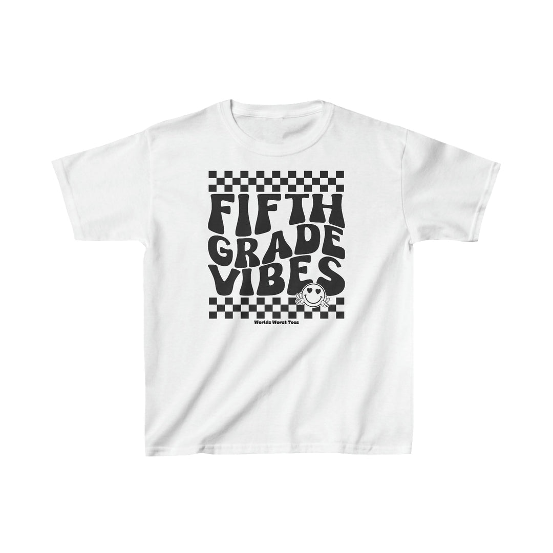 Kids 5th Grade Vibes Tee in white, featuring black text and a smiley face graphic. 100% cotton, light fabric, classic fit, tear-away label, durable twill tape shoulders, seamless sides. Sizes XS to XL.