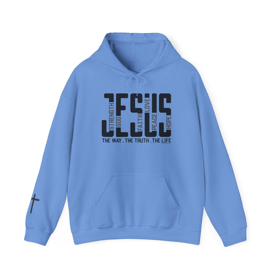 A blue hoodie with black text featuring a cross design. Unisex heavy blend for ultimate comfort, with a kangaroo pocket and matching drawstring. Ideal for cold days. Jesus Hoodie by Worlds Worst Tees.