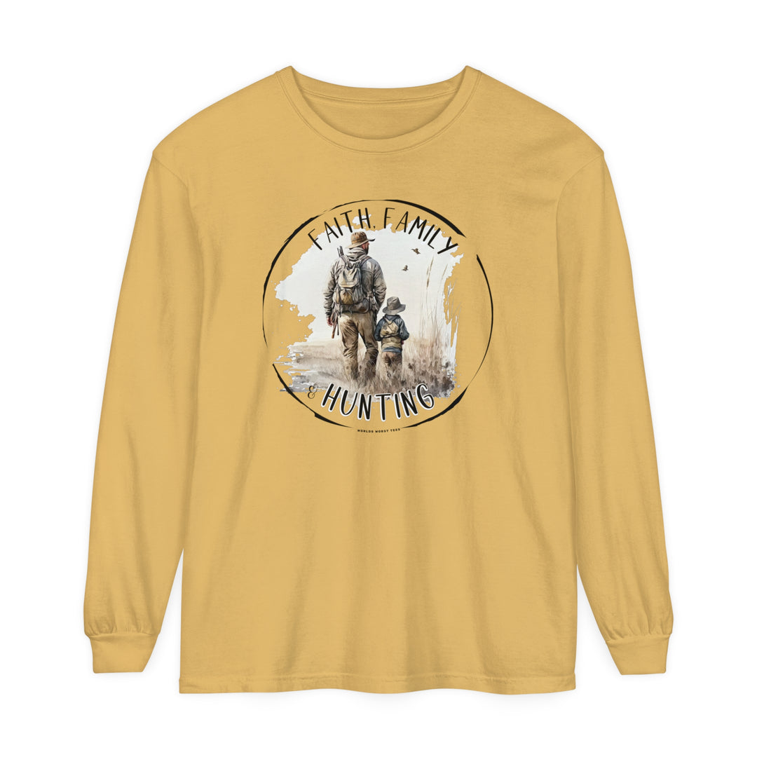 A yellow Faith Family Hunting Long Sleeve T-Shirt in a field with a man and child walking. Made of 100% ring-spun cotton for comfort. Ideal for casual wear. From Worlds Worst Tees.