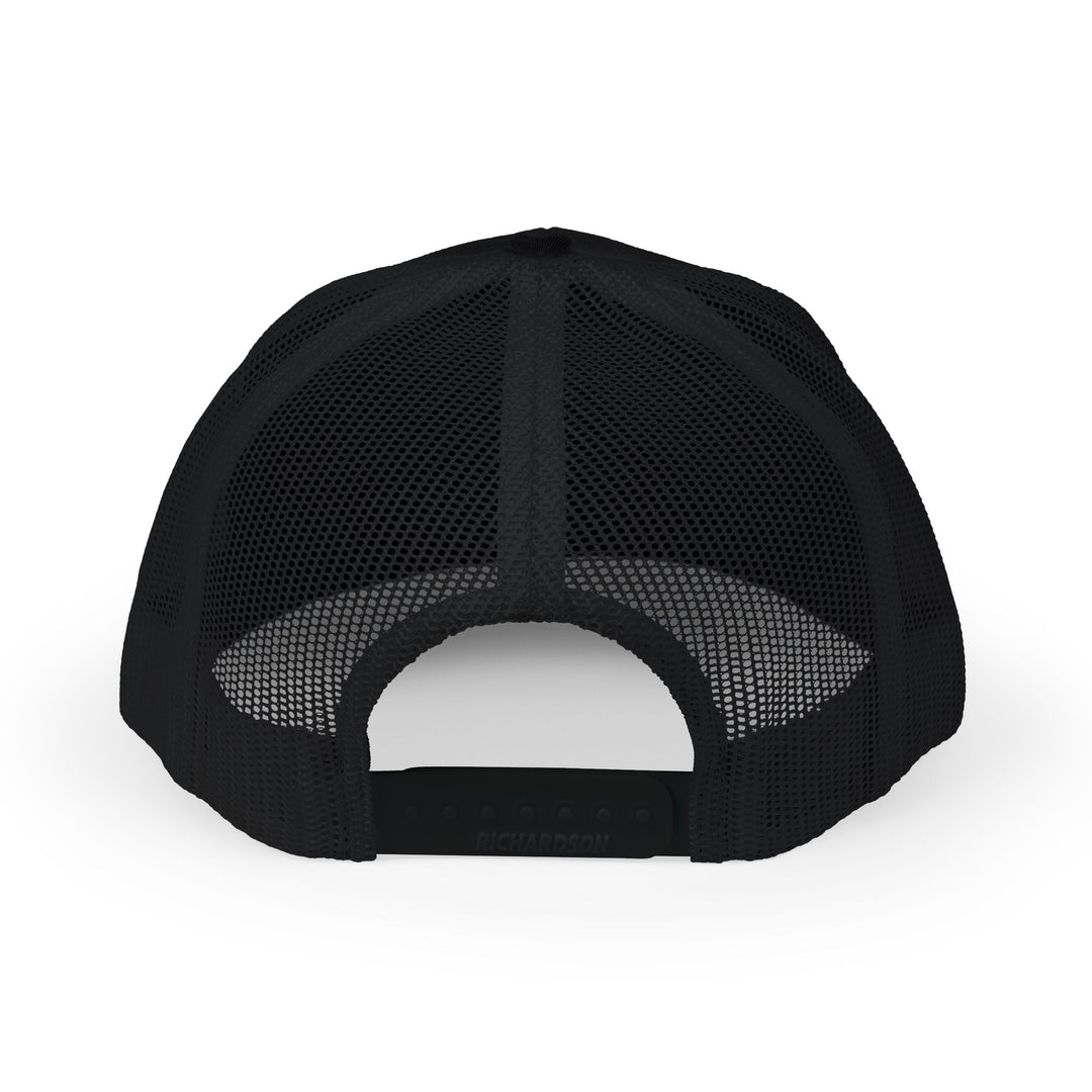 Rear view of Jesus, the Truth, the Way, the Life Snapback Trucker Cap, showcasing black mesh panels, adjustable snap closure, and branded Richardson label on curved opening.