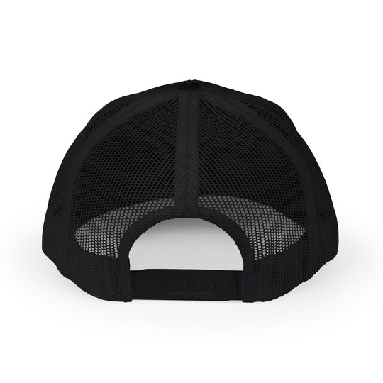 Rear view of Jesus, the Truth, the Way, the Life Snapback Trucker Cap, showcasing black mesh panels, adjustable snap closure, and branded Richardson label on curved opening.