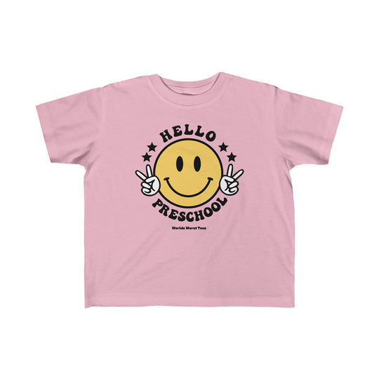 Hello Preschool Toddler Tee featuring a pink shirt with a smiley face and peace signs. Soft 100% combed ringspun cotton, light fabric, classic fit, tear-away label. Ideal for sensitive skin.
