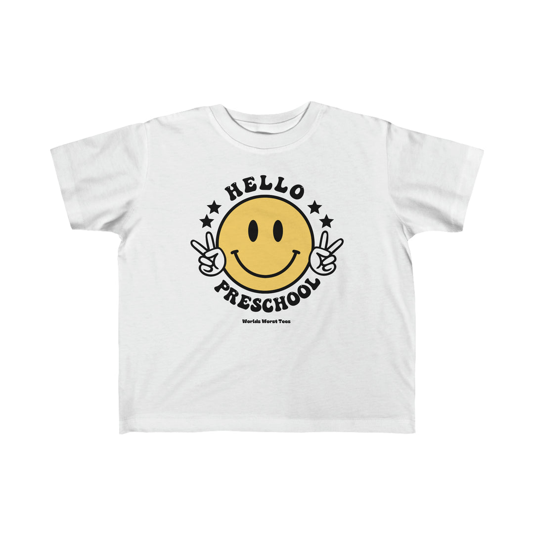 Hello Preschool Toddler Tee featuring a white t-shirt with a yellow smiley face design. Made of 100% combed ringspun cotton, light fabric, classic fit, tear-away label, ideal for sensitive skin.