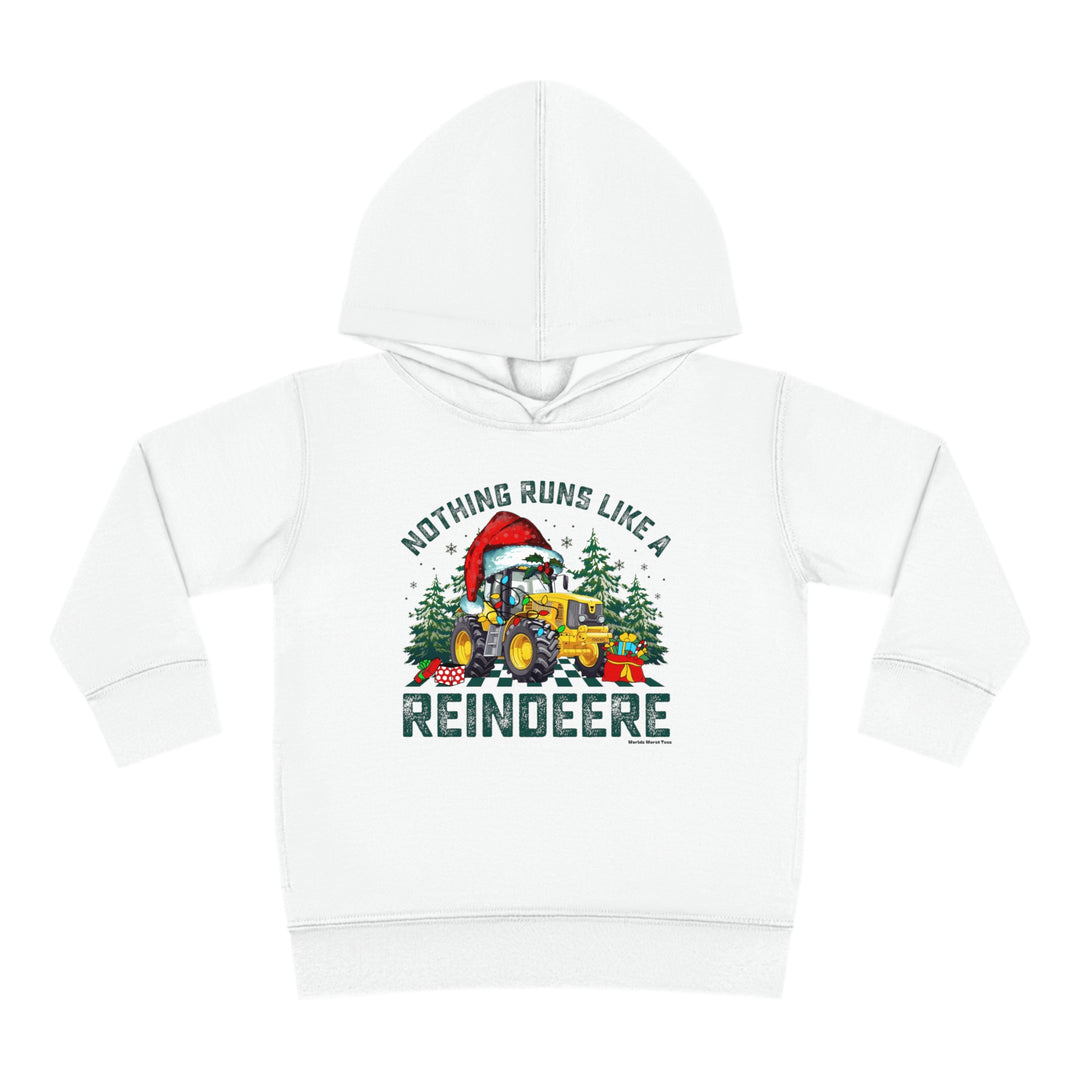 A toddler hoodie featuring a tractor and Christmas tree design, perfect for cozy days. Jersey-lined hood, side seam pockets, and durable stitching for lasting comfort. From Worlds Worst Tees.