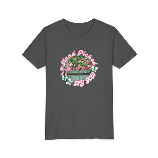 Youth tee with Hand Picked by GOD design, featuring a lightweight, comfy fit, ring-spun cotton, and tear-away label for kids.
