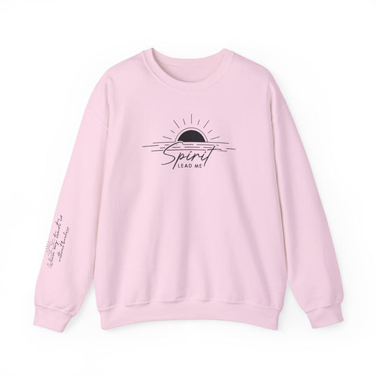 A unisex heavy blend crewneck sweatshirt, Spirit Lead me Crew, in pink with a logo and sun design. Made of 50% cotton and 50% polyester for comfort and durability. Ideal for colder months.
