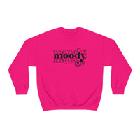 A unisex Moody Crew heavy blend sweatshirt in pink with black text. Features ribbed knit collar, no itchy side seams, 50% cotton, 50% polyester, loose fit, and medium-heavy fabric. Ideal for comfort.