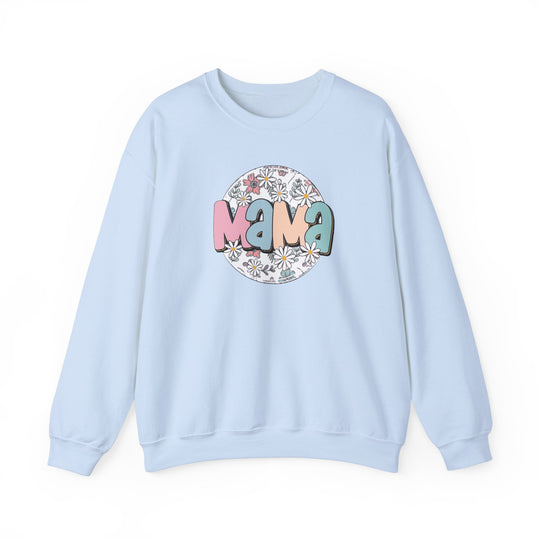A blue sweatshirt featuring a floral circle logo, ideal for comfort in any situation. Unisex heavy blend crewneck with ribbed knit collar, no itchy side seams. Sassy Mama Flower Crew by Worlds Worst Tees.