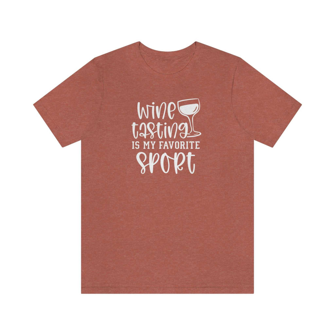 Unisex Wine My Favorite Sport Tee, red shirt with white text. A classic jersey tee in soft cotton, featuring ribbed knit collars and taping on shoulders for lasting fit. Sizes XS to 3XL.