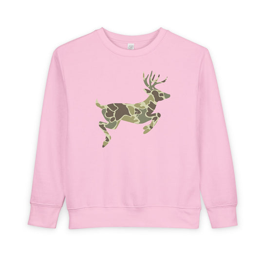 Light-pink toddler crewneck sweatshirt featuring a leaping deer silhouette with a green/brown camouflage pattern, blending comfort and style in a soft cotton-polyester fleece.