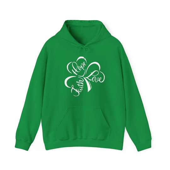 A green unisex Faith Hope Love Hoodie with a clover design. Made of 50% cotton, 50% polyester, medium-heavy fabric for warmth and comfort. Features a kangaroo pocket and matching drawstring.