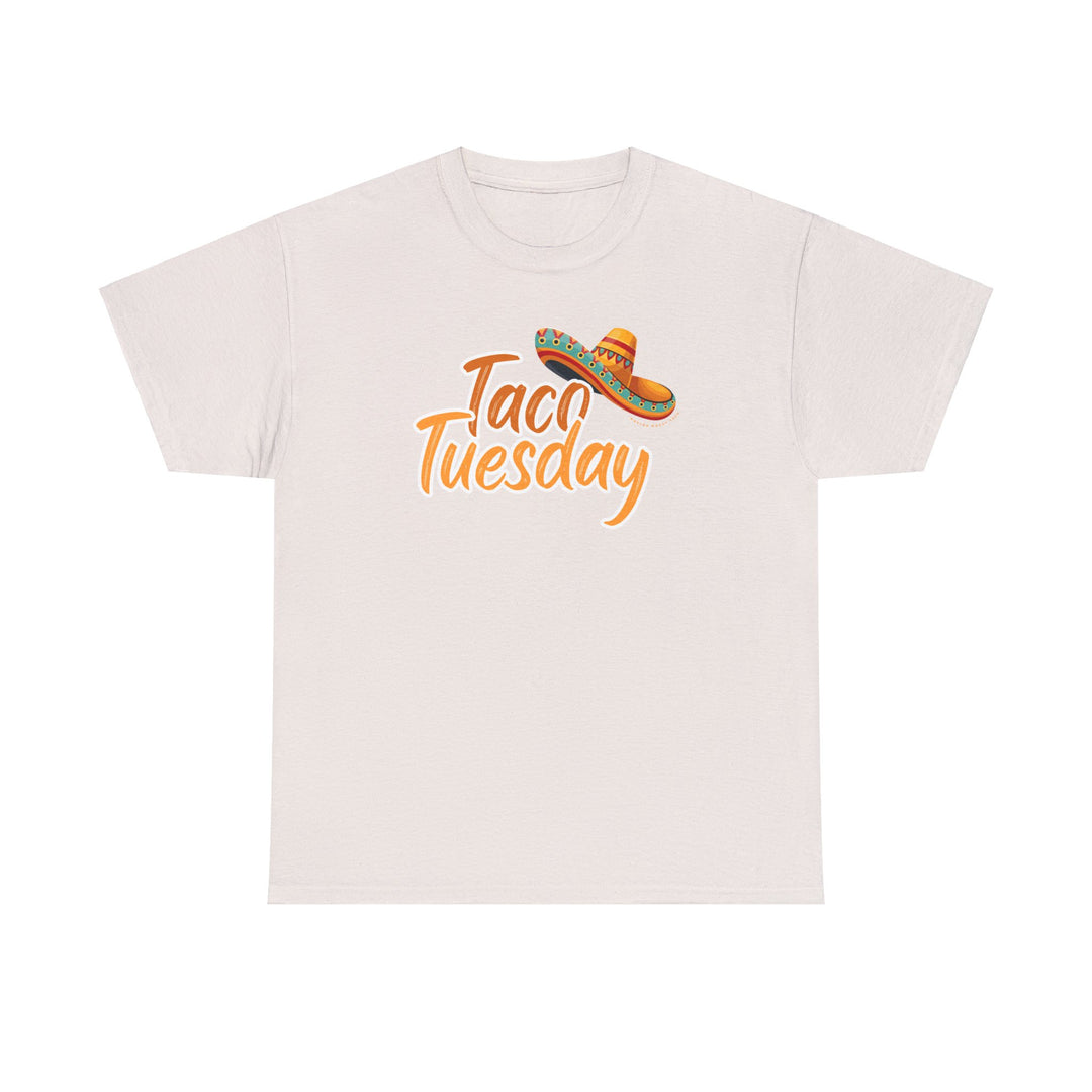 A white Taco Tuesday Tee with a sombrero design, featuring a classic fit, crew neckline, tear-away label, and 100% US cotton construction. Unisex heavy cotton tee from Worlds Worst Tees.