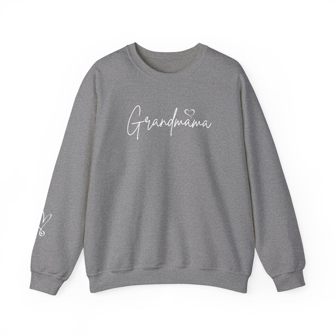 Unisex Grandmama Crew sweatshirt, grey with white text. Heavy blend fabric, ribbed knit collar, no itchy seams. 50% cotton, 50% polyester, loose fit, true to size.