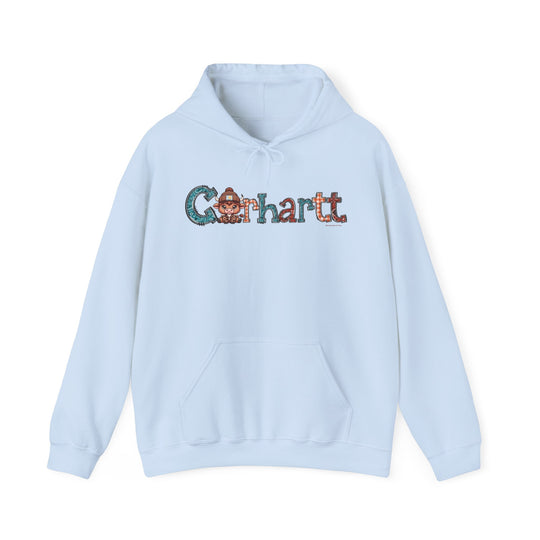 A Cowhartt Hoodie, a cozy unisex blend of cotton and polyester, featuring a kangaroo pocket and drawstring hood. Classic fit, tear-away label, ideal for printing. From Worlds Worst Tees.