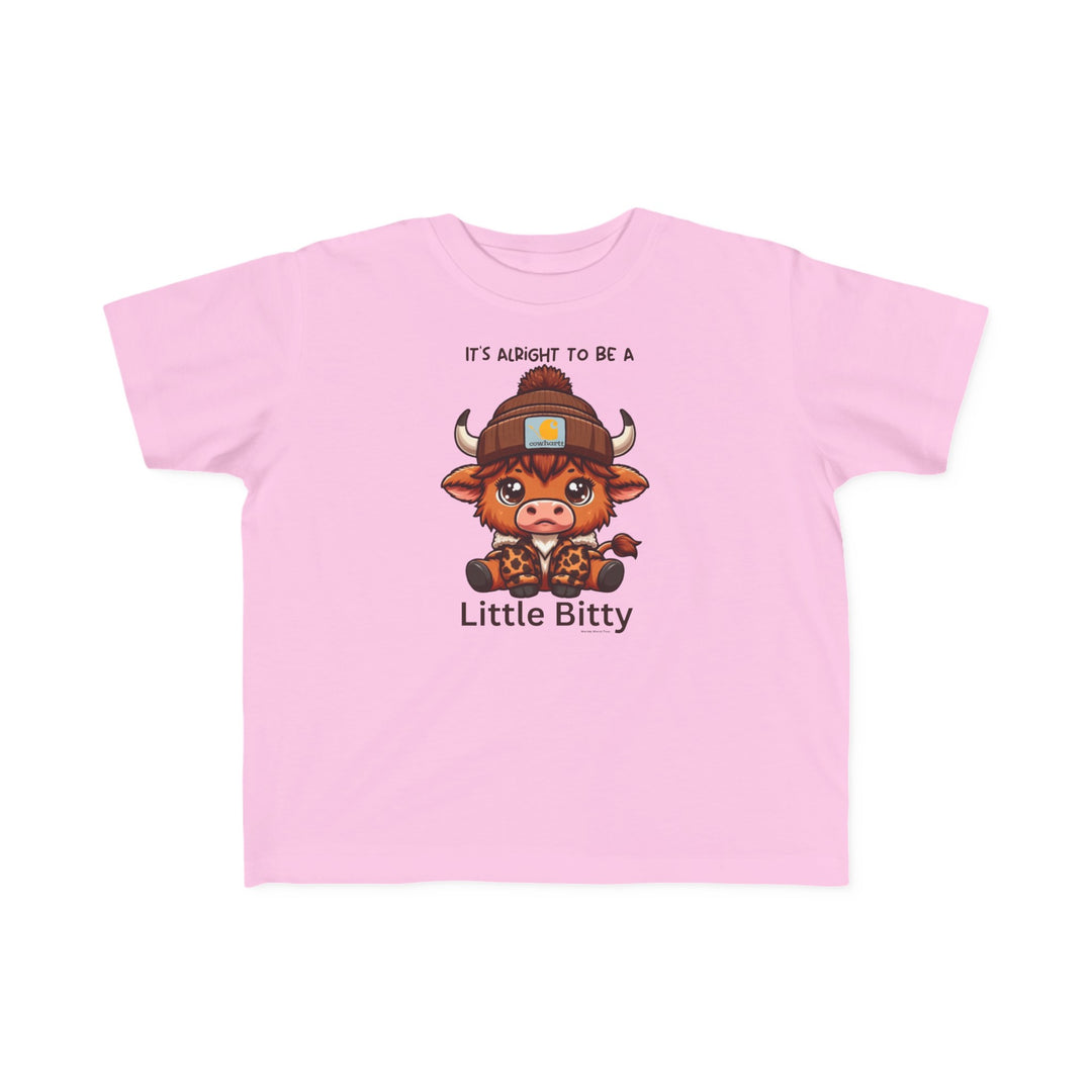 Little Bitty Toddler Tee featuring a cartoon cow design on pink fabric. Soft 100% combed ringspun cotton, tear-away label, and classic fit. Available in sizes 2T to 5-6T.