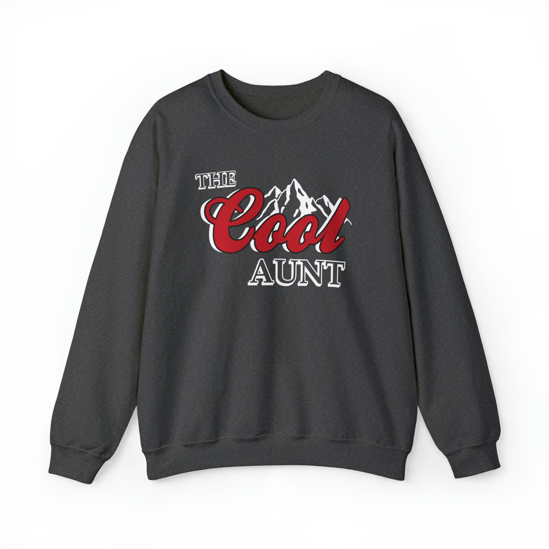 A unisex heavy blend crewneck sweatshirt, The Cool Aunt Crew, in black with white text. 50% cotton, 50% polyester, loose fit, ribbed knit collar, no itchy side seams. Medium-heavy fabric, sewn-in label, true to size.