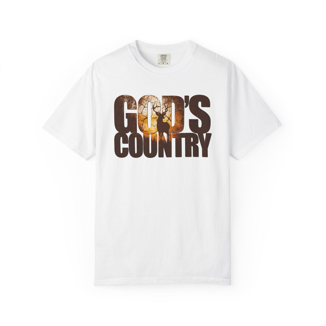 White God's Country tee with bold lettering and a deer silhouette design, featuring a relaxed fit and durable, soft-washed, 100% ring-spun cotton fabric.