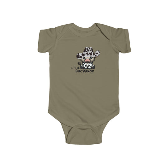 A Buckaroo Onesie infant bodysuit featuring a cow in a cowboy hat. Made of 100% cotton, light fabric with ribbed bindings and plastic snaps for easy changing access. From Worlds Worst Tees.