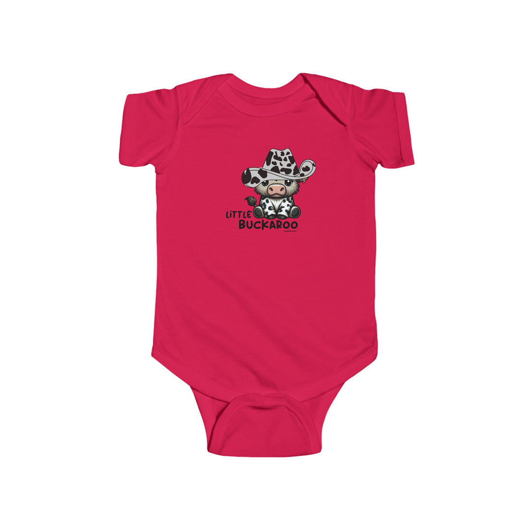 Infant fine jersey bodysuit featuring a pink cow print, a cartoon cow in a cowboy hat, and cow detailing. Buckaroo Onesie: 100% cotton, light fabric, ribbed knit bindings, plastic snaps for easy changing access. Ideal for NB to 24M sizes.