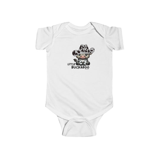 A white baby bodysuit featuring a cow in a cowboy hat, ideal for infants. Made of 100% cotton, with ribbed knit bindings for durability and plastic snaps for easy changing. From Worlds Worst Tees' Buckaroo Onesie collection.
