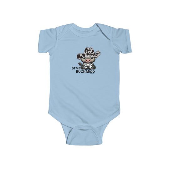 A baby blue Buckaroo Onesie featuring a cow in a cowboy hat, made of 100% cotton, with ribbed bindings and plastic snaps for easy changing access. From Worlds Worst Tees, known for unique graphic t-shirts.