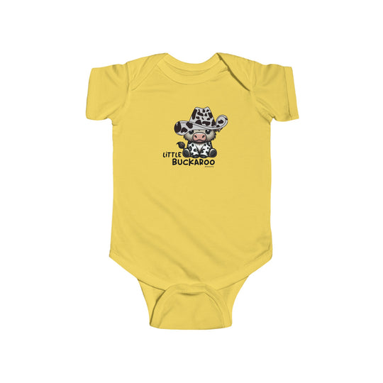 A durable and soft Buckaroo Onesie infant bodysuit made of 100% cotton with ribbed knitting bindings, plastic snaps for easy changing access. Light fabric, tear away label, perfect for little cowboys.