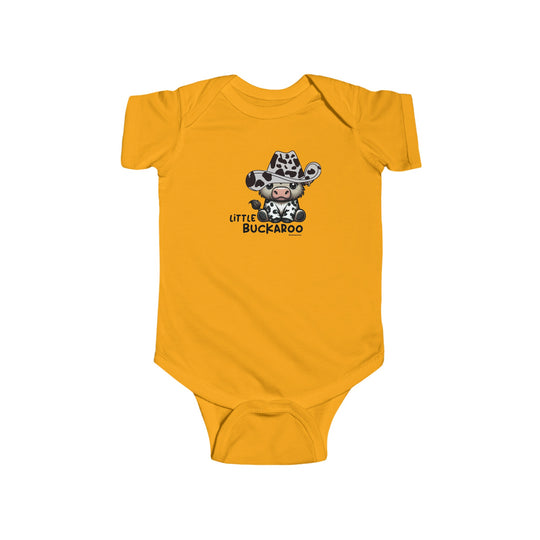 A durable and soft Buckaroo Onesie for infants, featuring a cartoon cow in a cowboy hat. Made of 100% cotton, with ribbed bindings and plastic snaps for easy changing access.
