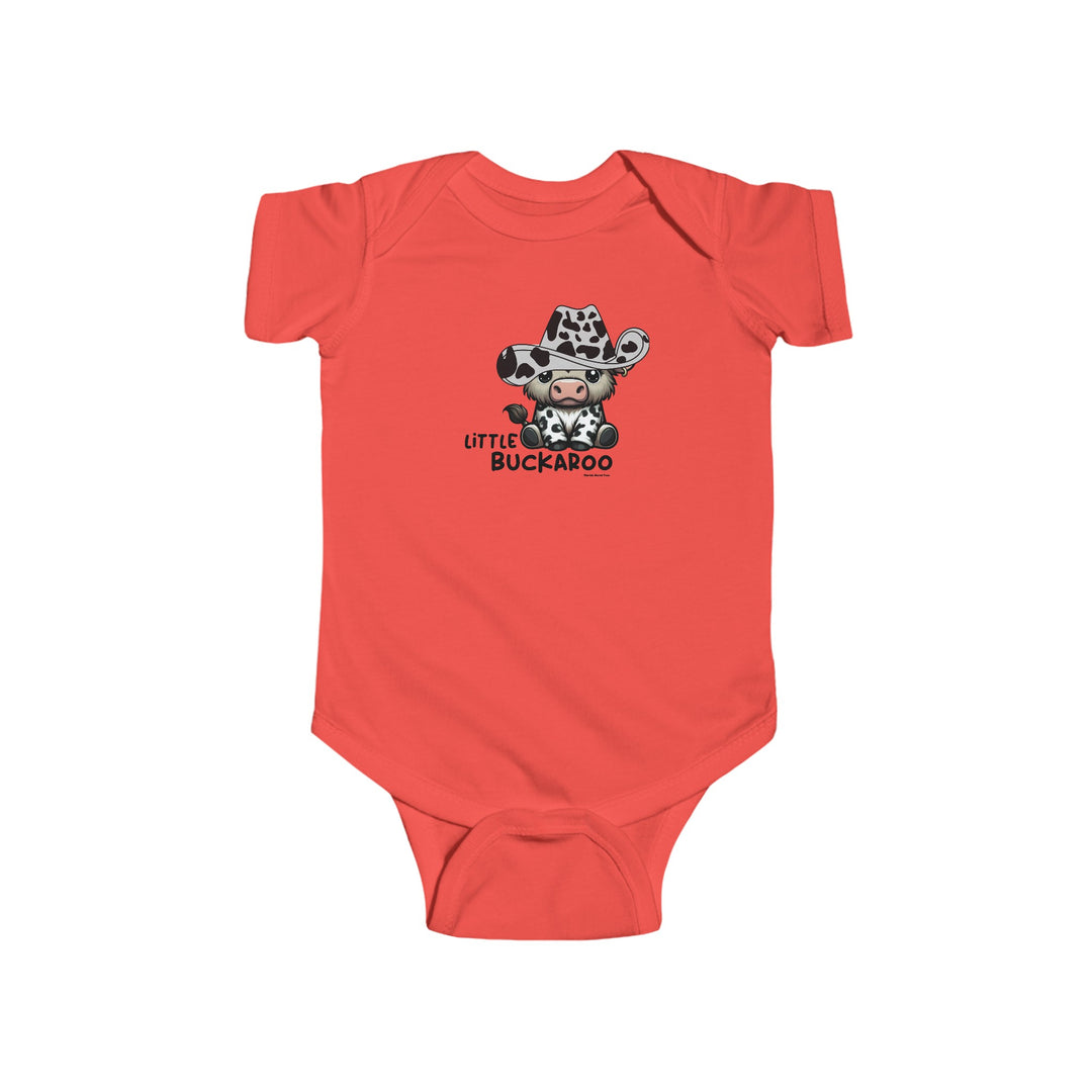 A durable and soft Buckaroo Onesie for infants, featuring a cow in a cowboy hat design. Made of 100% cotton, with ribbed knitting for durability and plastic snaps for easy changing. Ideal for 0-24M sizes.