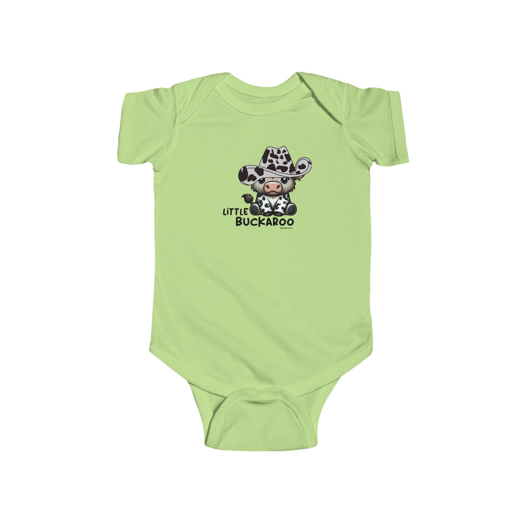 A durable and soft Buckaroo Onesie for infants, featuring a cartoon cow in a cowboy hat on a green bodysuit. Made of 100% cotton, with ribbed bindings and plastic snaps for easy changing access.