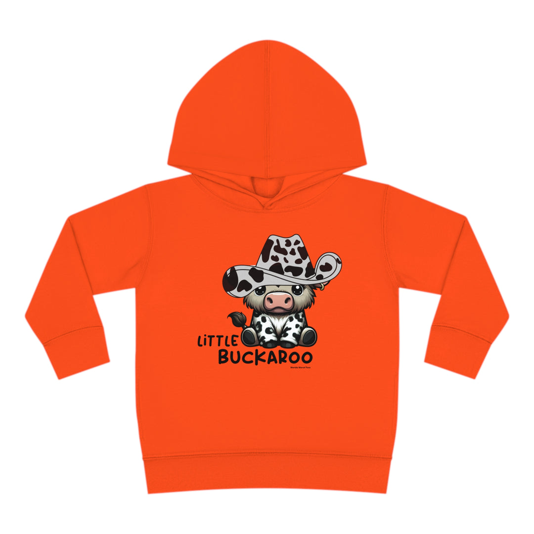 Toddler hoodie featuring a cow in a cowboy hat design, perfect for long-lasting coziness. Jersey-lined hood, cover-stitched details, and side seam pockets for durability and comfort. From Worlds Worst Tees.