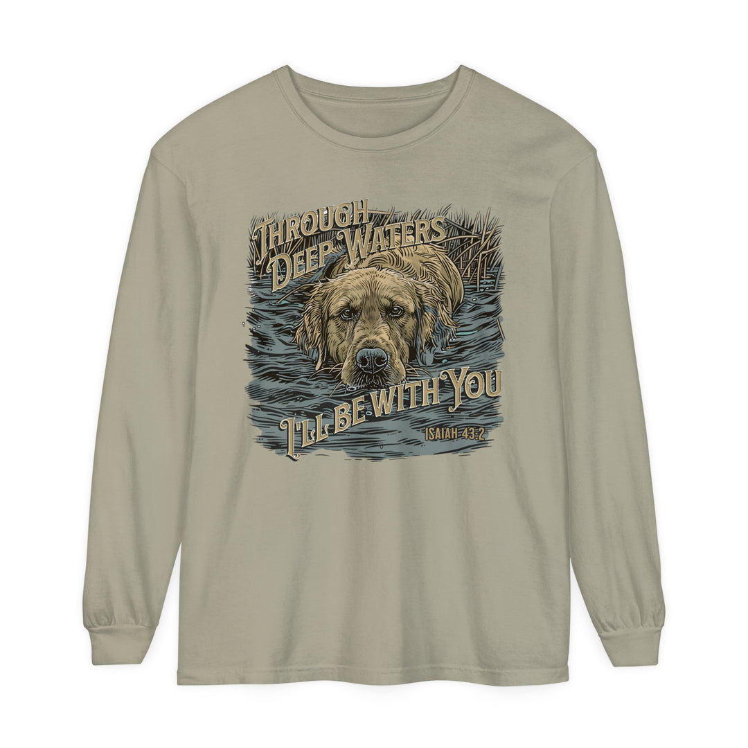 A relaxed fit Through Deep Waters Long Sleeve T-Shirt in 100% ring-spun cotton, featuring a dog swimming design. Perfect for casual comfort in sizes S to 3XL. From Worlds Worst Tees.