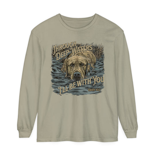 A relaxed fit Through Deep Waters Long Sleeve T-Shirt in 100% ring-spun cotton, featuring a dog swimming design. Perfect for casual comfort in sizes S to 3XL. From Worlds Worst Tees.