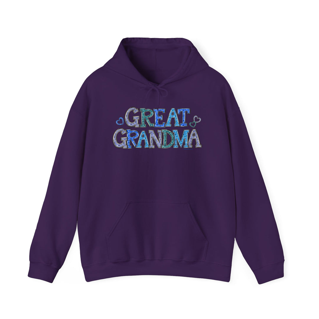 Unisex Great Grandma Hoodie: Purple sweatshirt with kangaroo pocket, drawstring hood. Cotton-polyester blend, soft, warm, medium-heavy fabric. Classic fit, tear-away label, true to size.