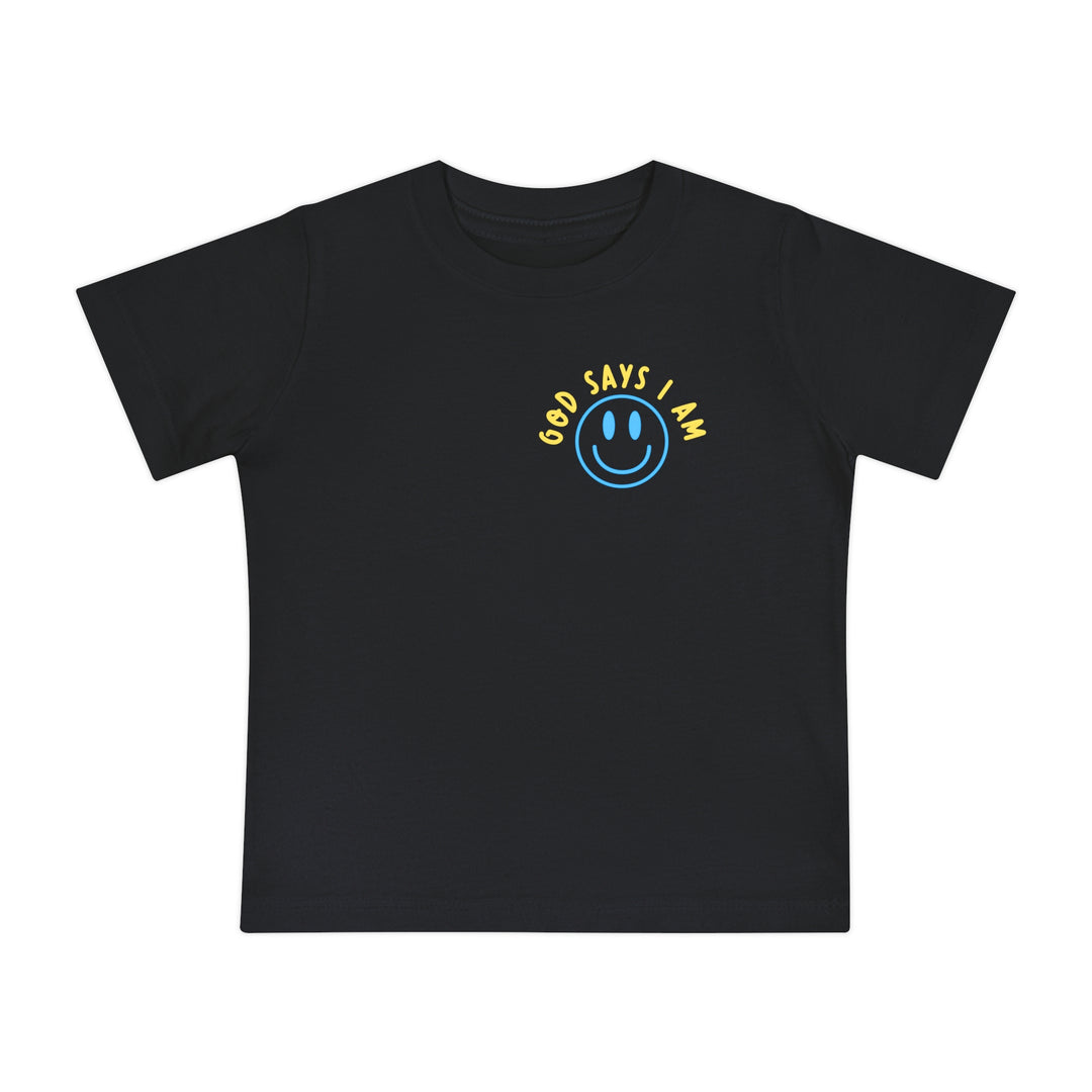 I AM Baby Tee: Black short-sleeve T-shirt for children featuring a blue smiley face and GOD SAYS I AM text on the chest.