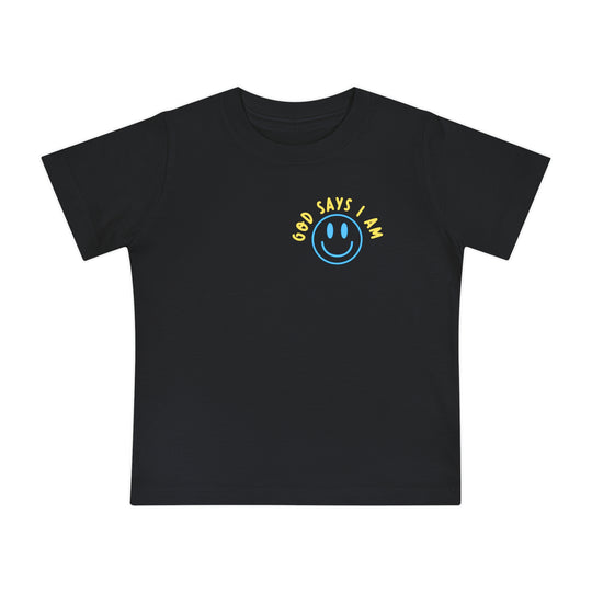 I AM Baby Tee: Black short-sleeve T-shirt for children featuring a blue smiley face and GOD SAYS I AM text on the chest.