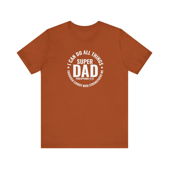 Super Dad Tee: A classic unisex jersey t-shirt with white text, featuring ribbed knit collars and taping on shoulders for a better fit over time. Made of 100% Airlume combed and ringspun cotton.