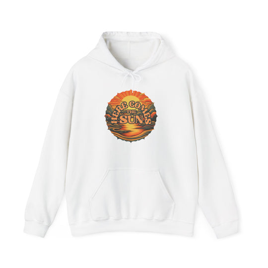 A white hoodie with a logo, a sun, and clouds. Unisex heavy blend of cotton and polyester, cozy and warm. Kangaroo pocket, no side seams, classic fit. Here Comes the Sun Hoodie from Worlds Worst Tees.