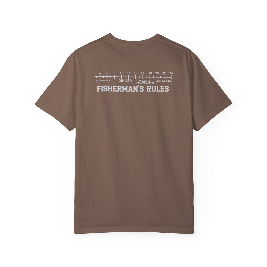 A Lucky Bones Fishing Club Tee, a brown t-shirt with white text, made of 100% ring-spun cotton. Garment-dyed for extra coziness, featuring a relaxed fit and durable double-needle stitching. From Worlds Worst Tees.