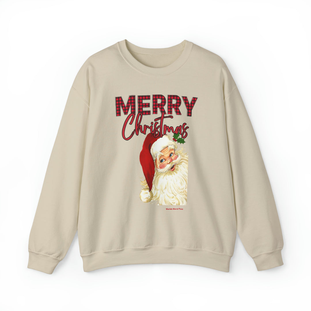 Unisex Christmas Santa Crew sweatshirt, medium-heavy fabric blend of cotton and polyester. Ribbed knit collar, no itchy side seams. Sizes S-5XL. Sewn-in label. Loose fit.