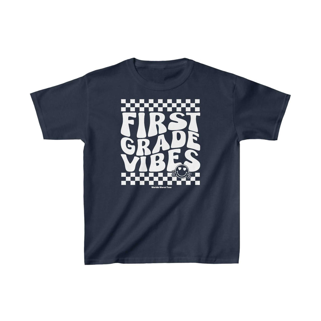 A 1st Grade Vibes Kids Tee, a blue shirt with white text. 100% cotton, light fabric, classic fit, tear-away label. Sizes: XS to XL. Ideal for everyday wear.